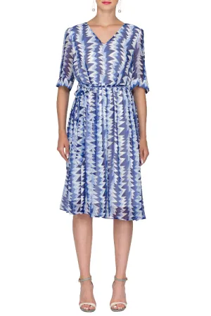 Short Sleeve V-neck Waist Belted Fit & Flare Dress