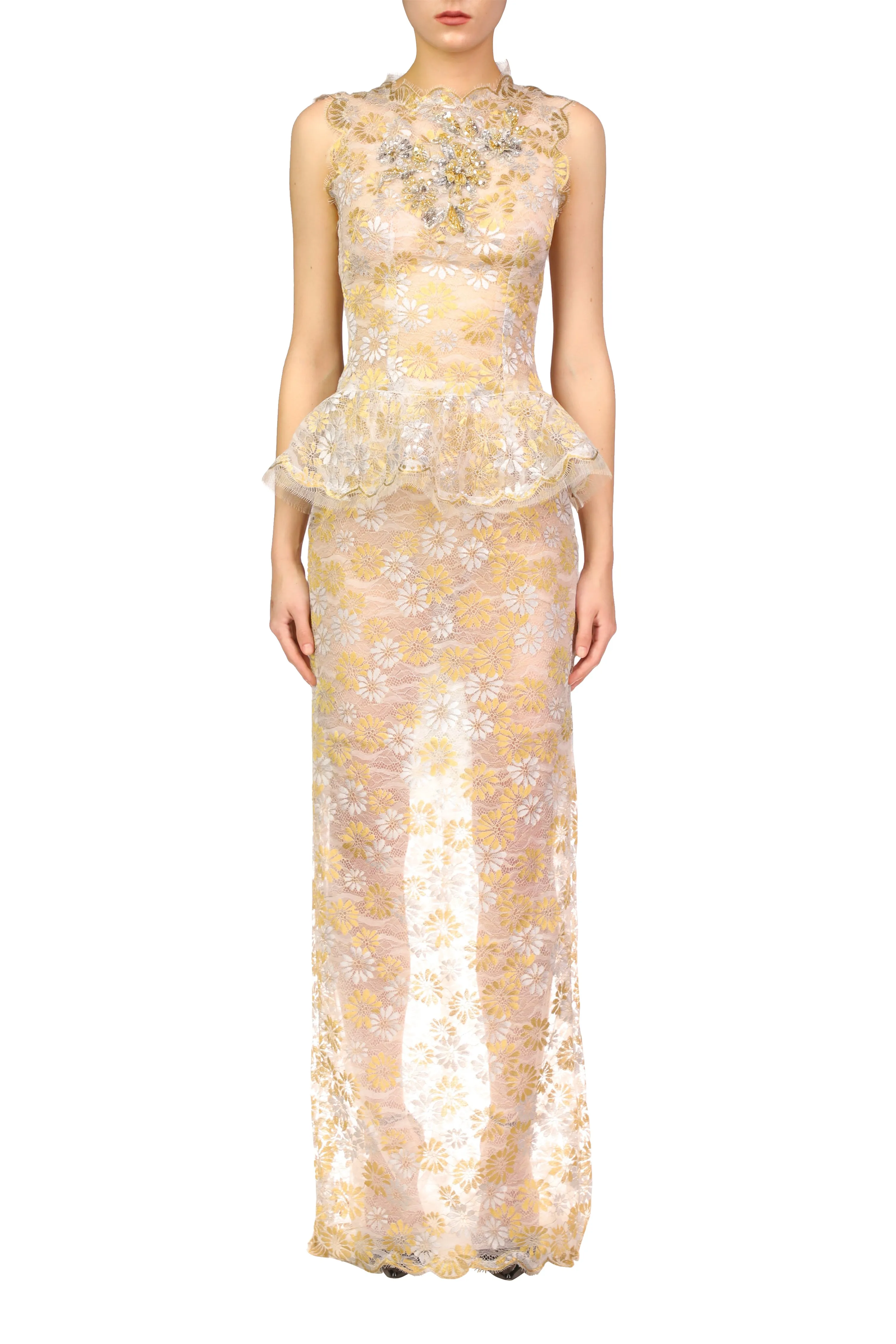 Silver and Gold Daisy Lace Gown with Hand Beaded Details
