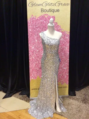 Silver One Shoulder Sequin Dress With Slit