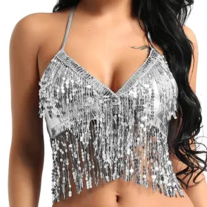 Silver Sequin Fringe Halter Top