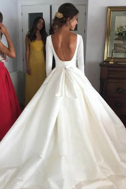 Simple Backless Long Sleeve Satin Ball Gown Wedding Dresses-715302