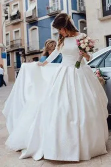 Simple Backless Long Sleeve Satin Ball Gown Wedding Dresses-715302