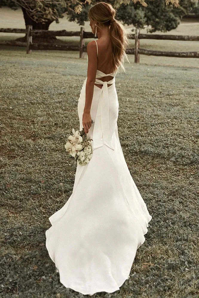 Simple Beach Column Wedding Dress with Side Slit