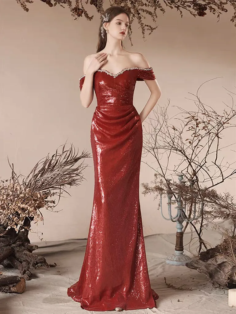 Simple Off Shoulder Sequin Mermaid Burgundy Long Prom Dress, Sequin Long Evening Dress