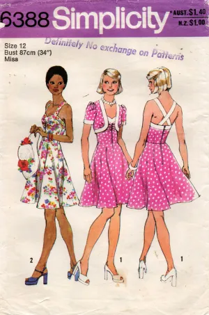 Simplicity 6388 Womens Ruched Bodice Sundress & Jacket with Contrast 1970s Vintage Sewing Pattern Size 12 or 14