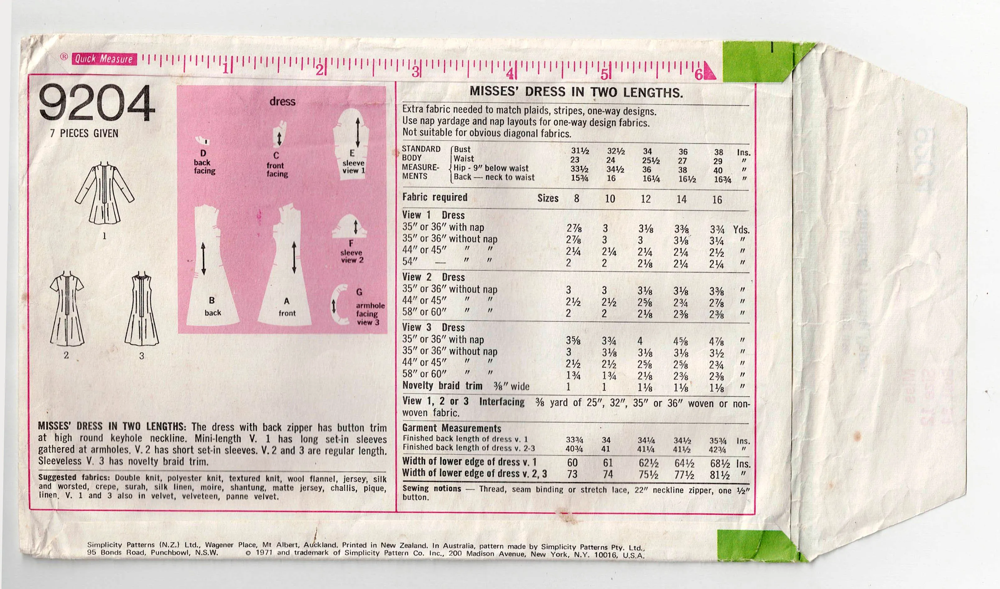 Simplicity 9204 Womens Shift Dress with Keyhole Neckline 1970s Vintage Sewing Pattern Size 12 Bust 34 inches