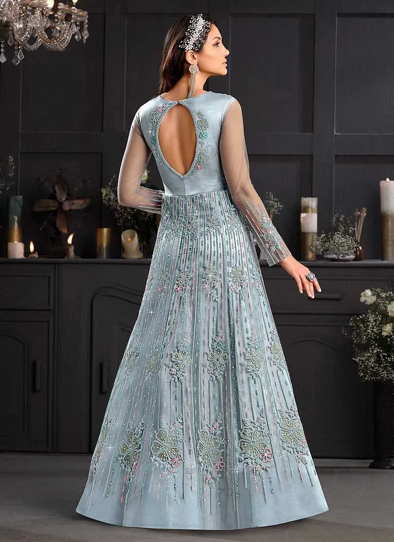 Sky Blue and Pink Heavy Embroidered Kalidar Gown Style Anarkali