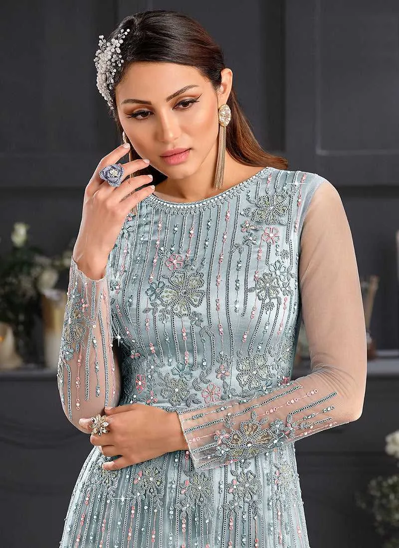 Sky Blue and Pink Heavy Embroidered Kalidar Gown Style Anarkali