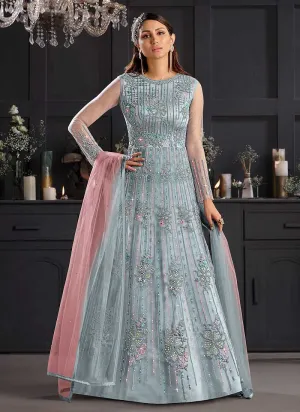 Sky Blue and Pink Heavy Embroidered Kalidar Gown Style Anarkali