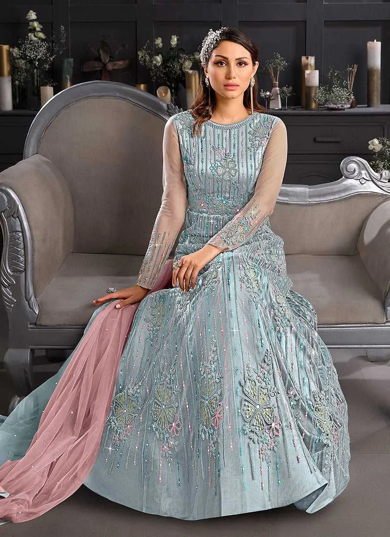Sky Blue and Pink Heavy Embroidered Kalidar Gown Style Anarkali