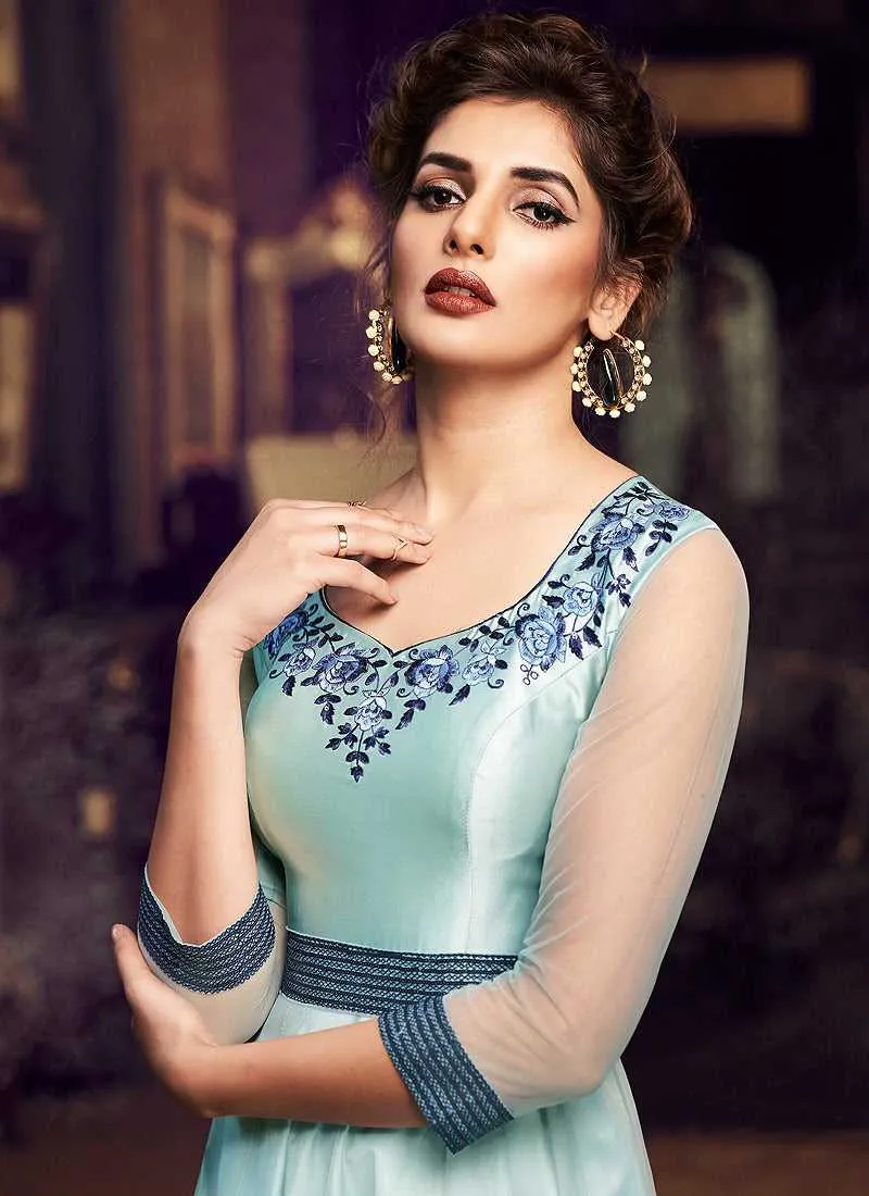 Sky Blue Floral Embroidered Anarkali Style Gown