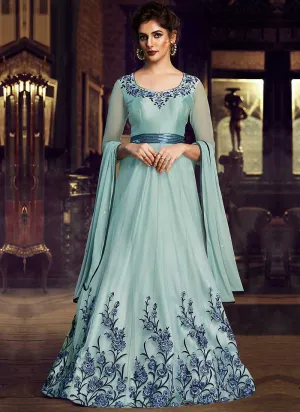 Sky Blue Floral Embroidered Anarkali Style Gown