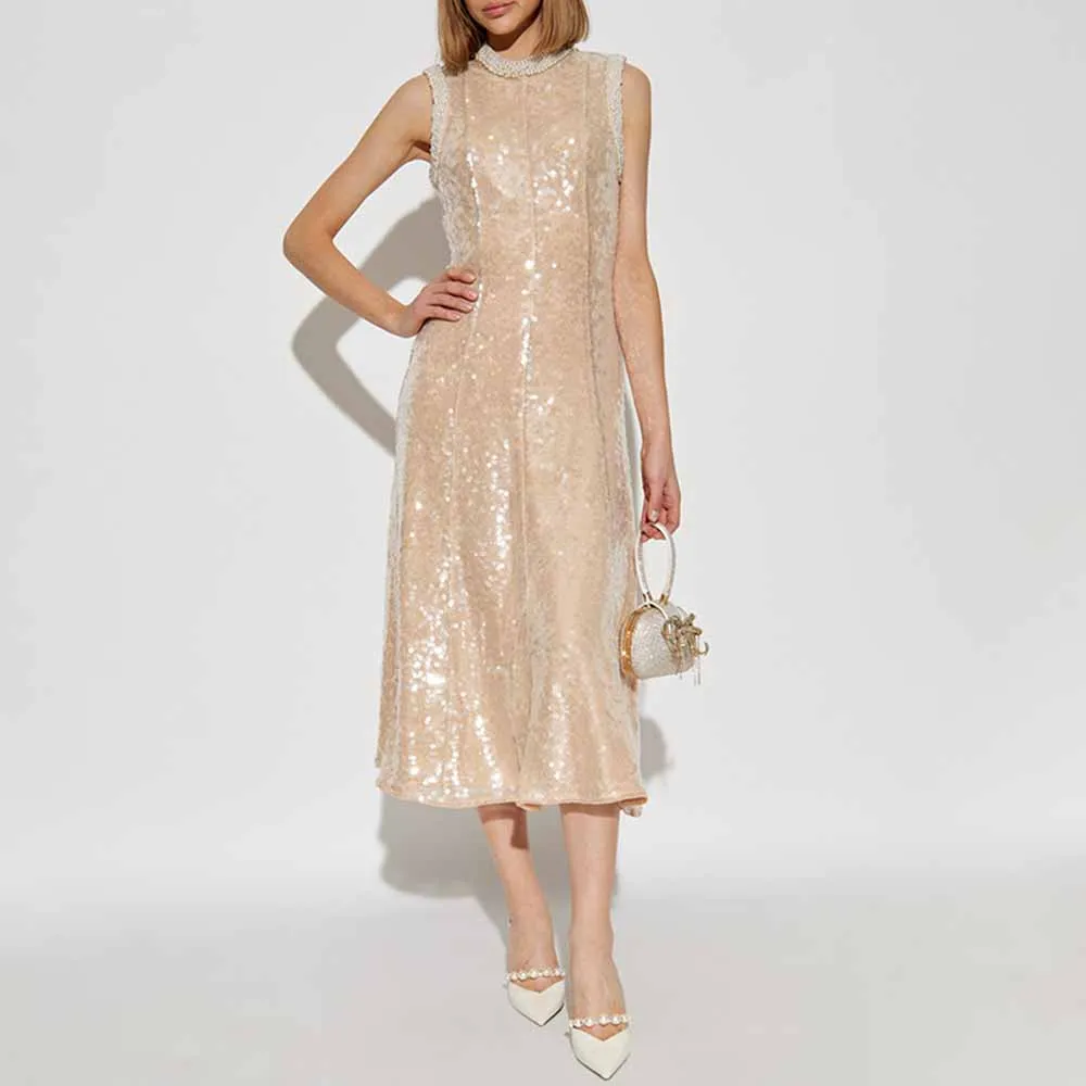 Sleeveless Midi Sequin Dress With Pearl Appliques