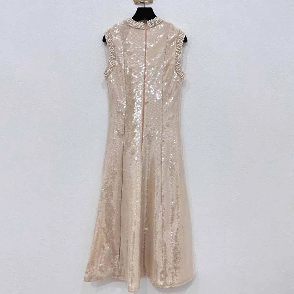Sleeveless Midi Sequin Dress With Pearl Appliques