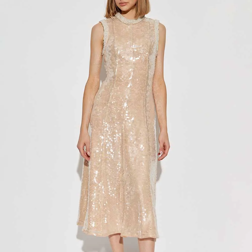 Sleeveless Midi Sequin Dress With Pearl Appliques