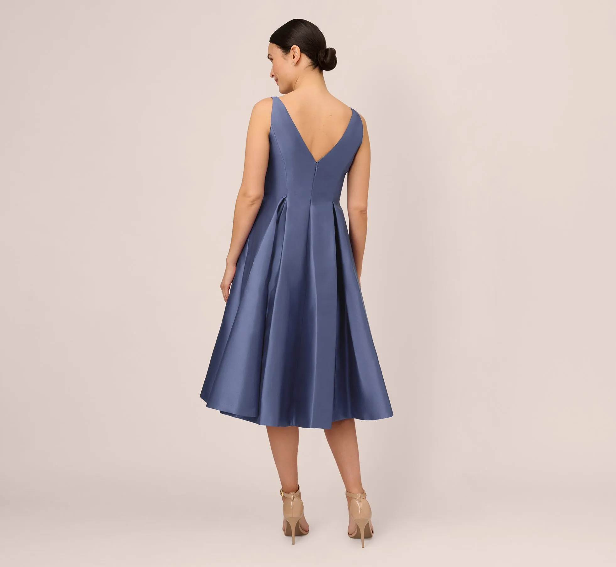 Sleeveless Mikado Fit And Flare Midi Dress With V-Back In Blue Frost