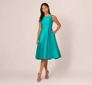 Sleeveless Mikado Fit And Flare Midi Dress With V-Back In Exotic Jade