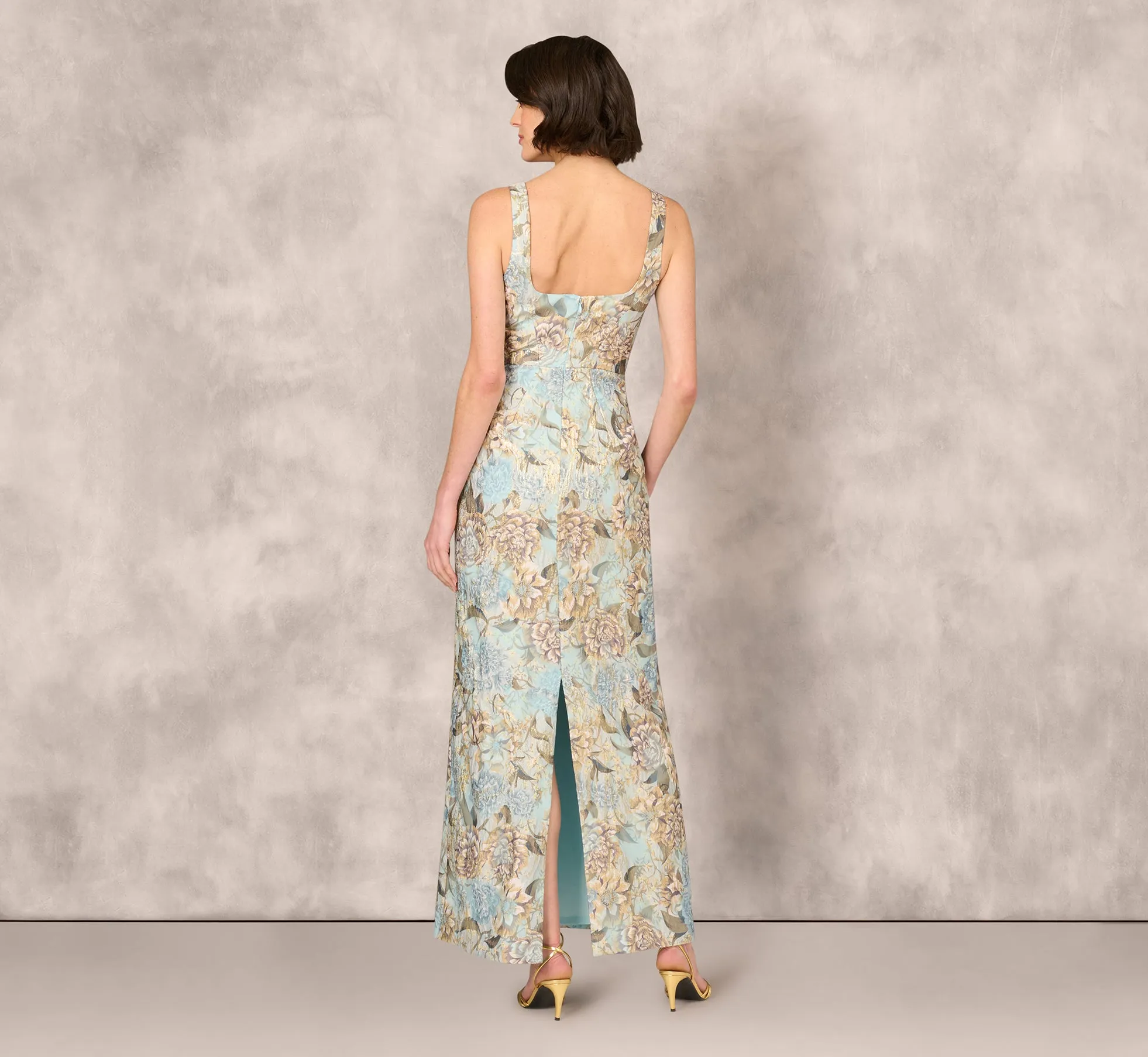 Sleeveless Square Neck Floral Jacquard Column Gown In Blue Gold