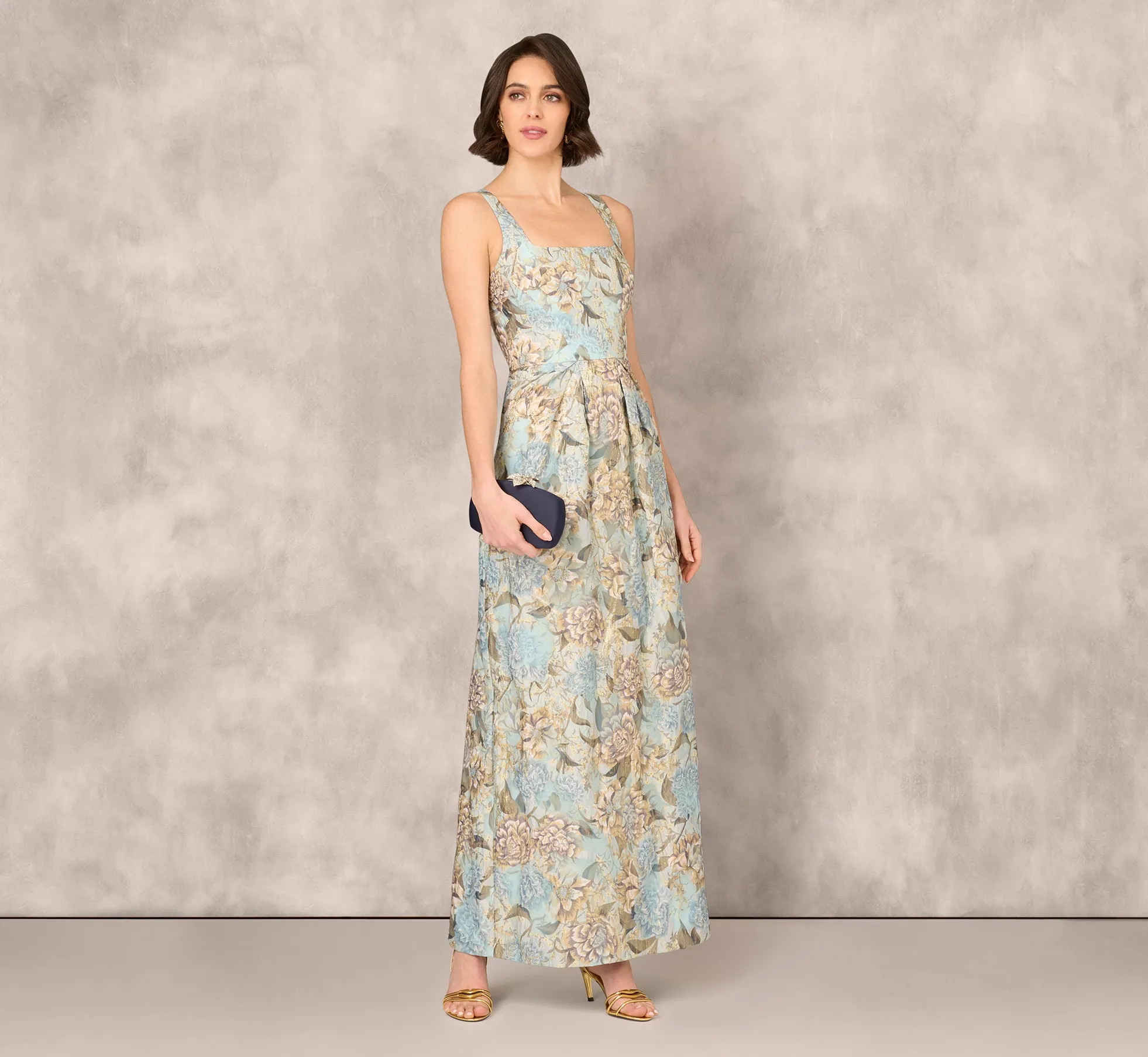Sleeveless Square Neck Floral Jacquard Column Gown In Blue Gold