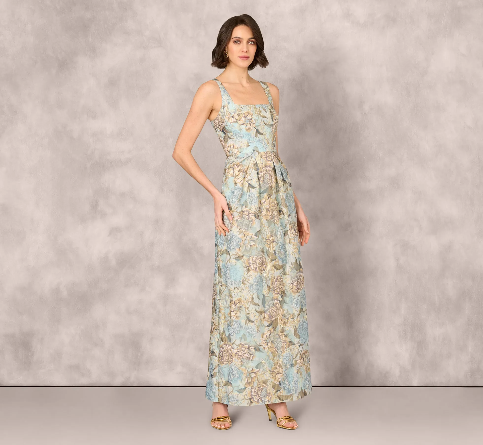 Sleeveless Square Neck Floral Jacquard Column Gown In Blue Gold