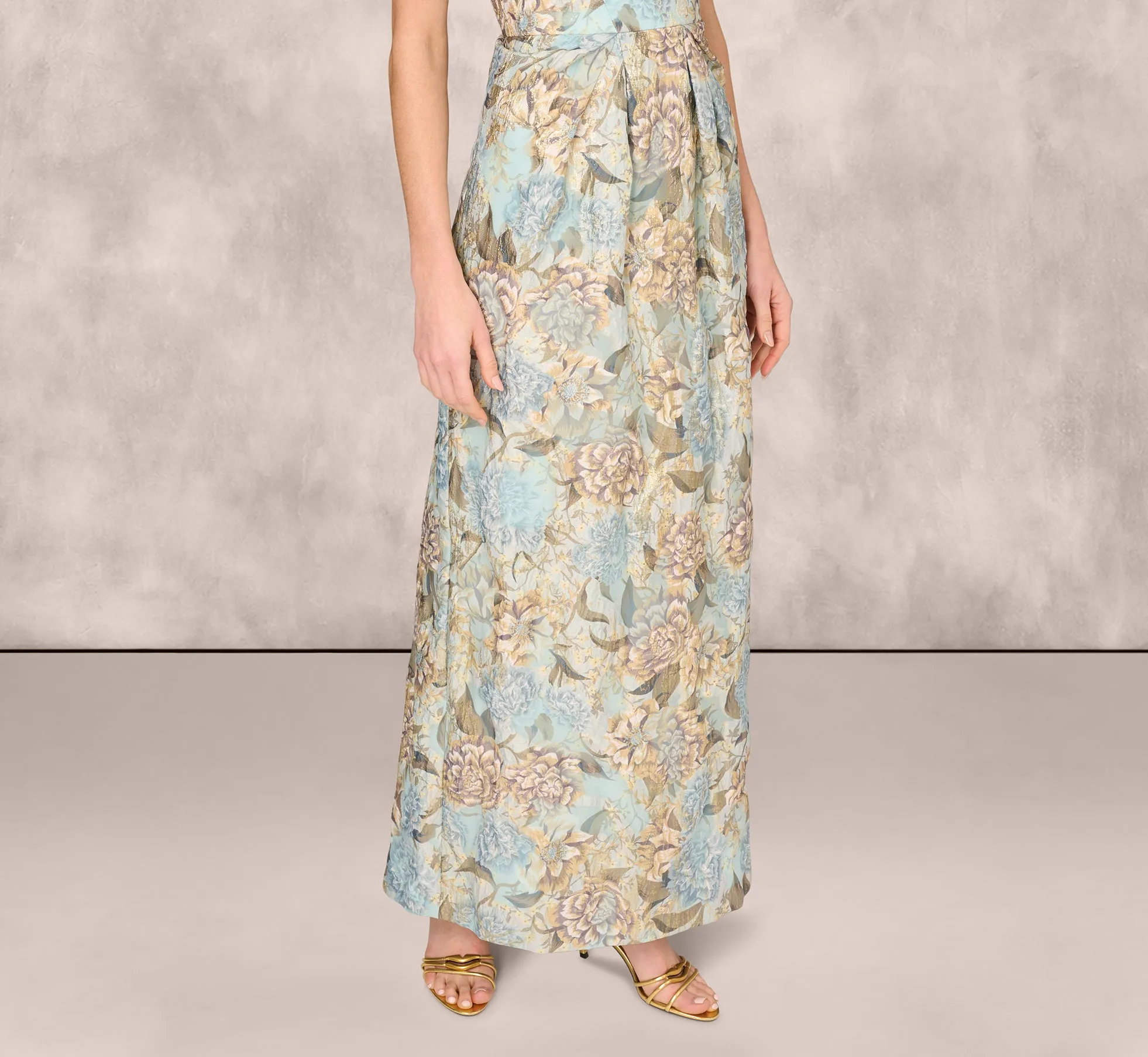 Sleeveless Square Neck Floral Jacquard Column Gown In Blue Gold