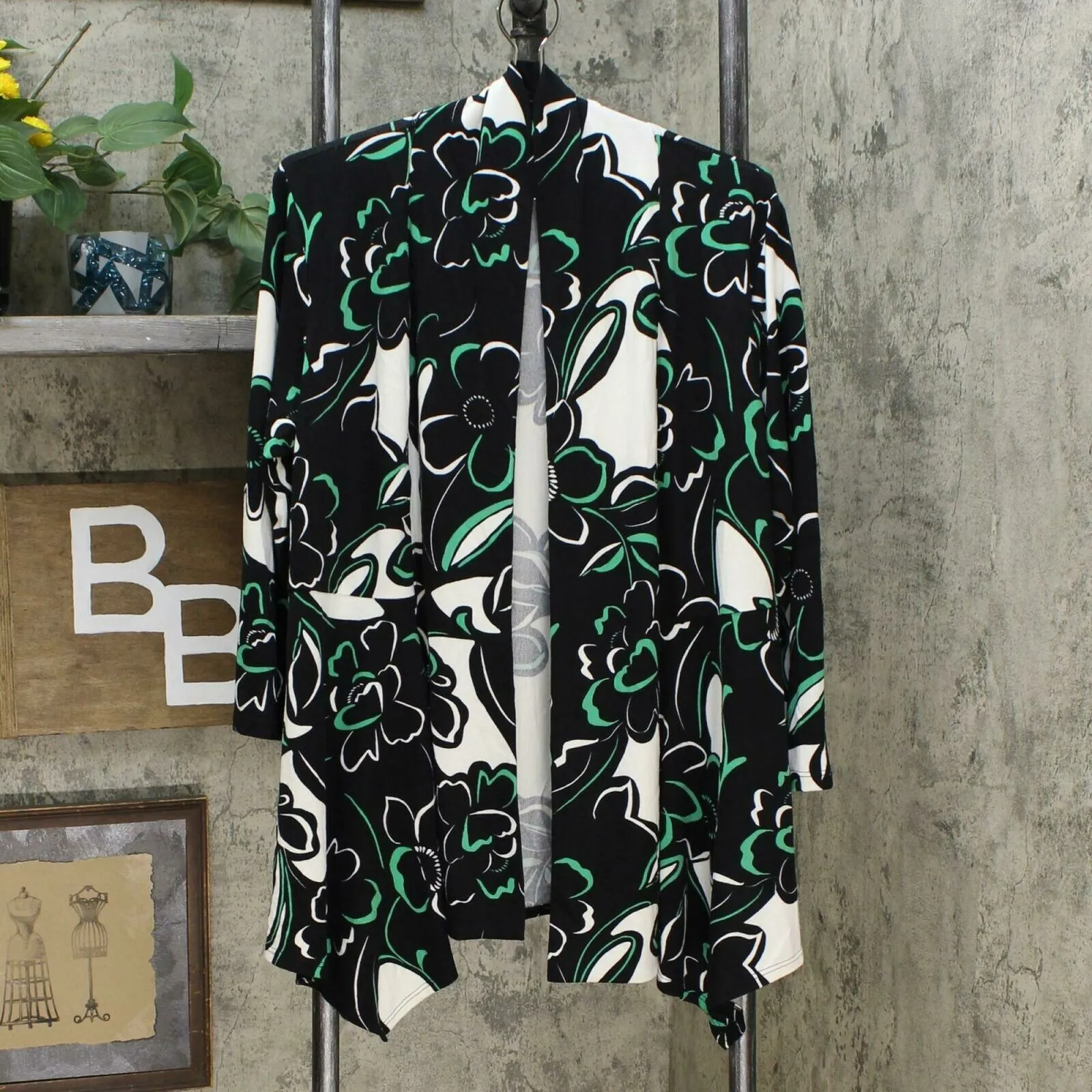 Slinky Brand Women's 3/4 Sleeve Printed Peplum Sweater Jacket Black Medium
