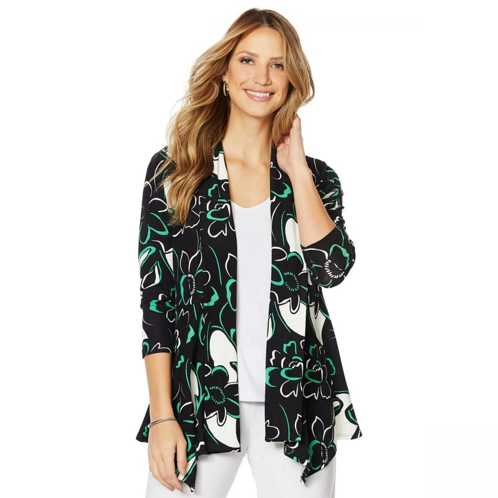 Slinky Brand Women's 3/4 Sleeve Printed Peplum Sweater Jacket Black Medium