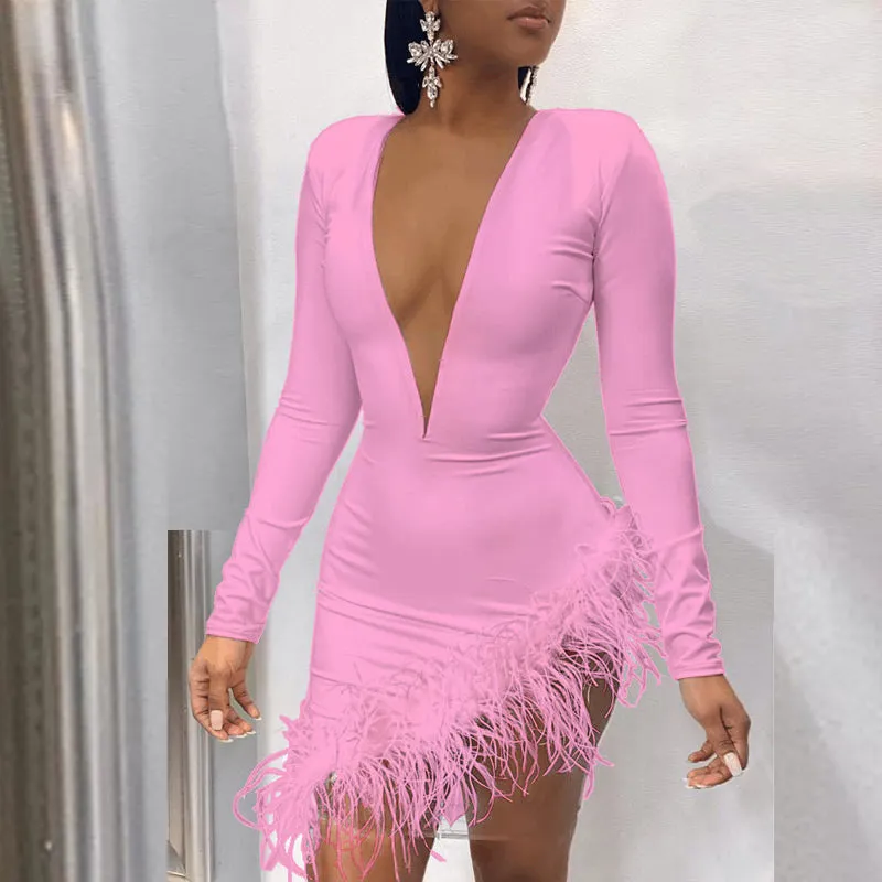 Solid Deep V-Neck Feather Design Bodycon Dress