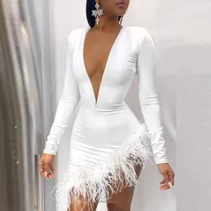 Solid Deep V-Neck Feather Design Bodycon Dress