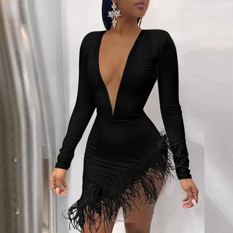 Solid Deep V-Neck Feather Design Bodycon Dress