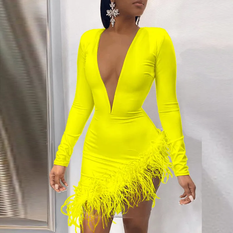 Solid Deep V-Neck Feather Design Bodycon Dress