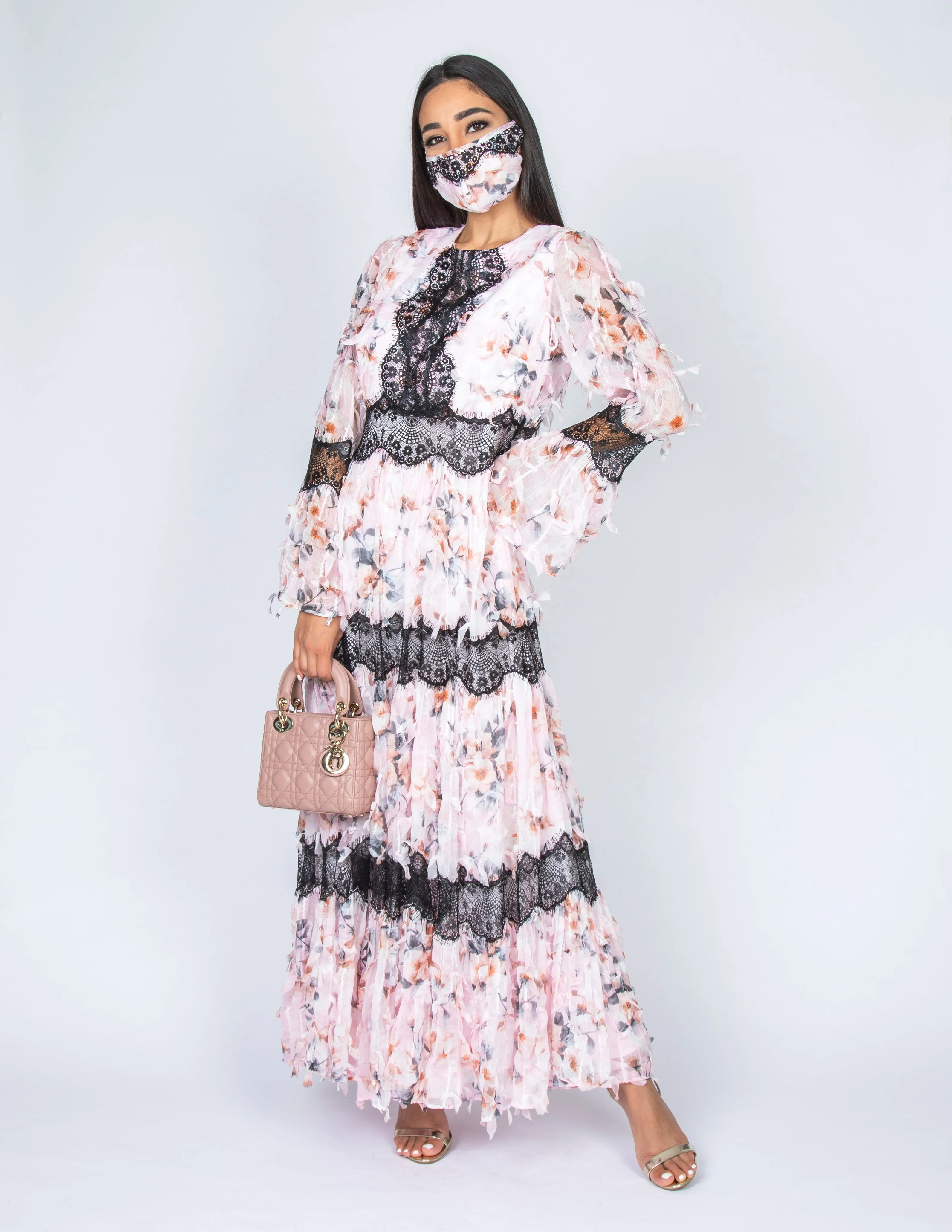SS20 CANDICE PINK CHIFFON FRILL & LACE DRESS