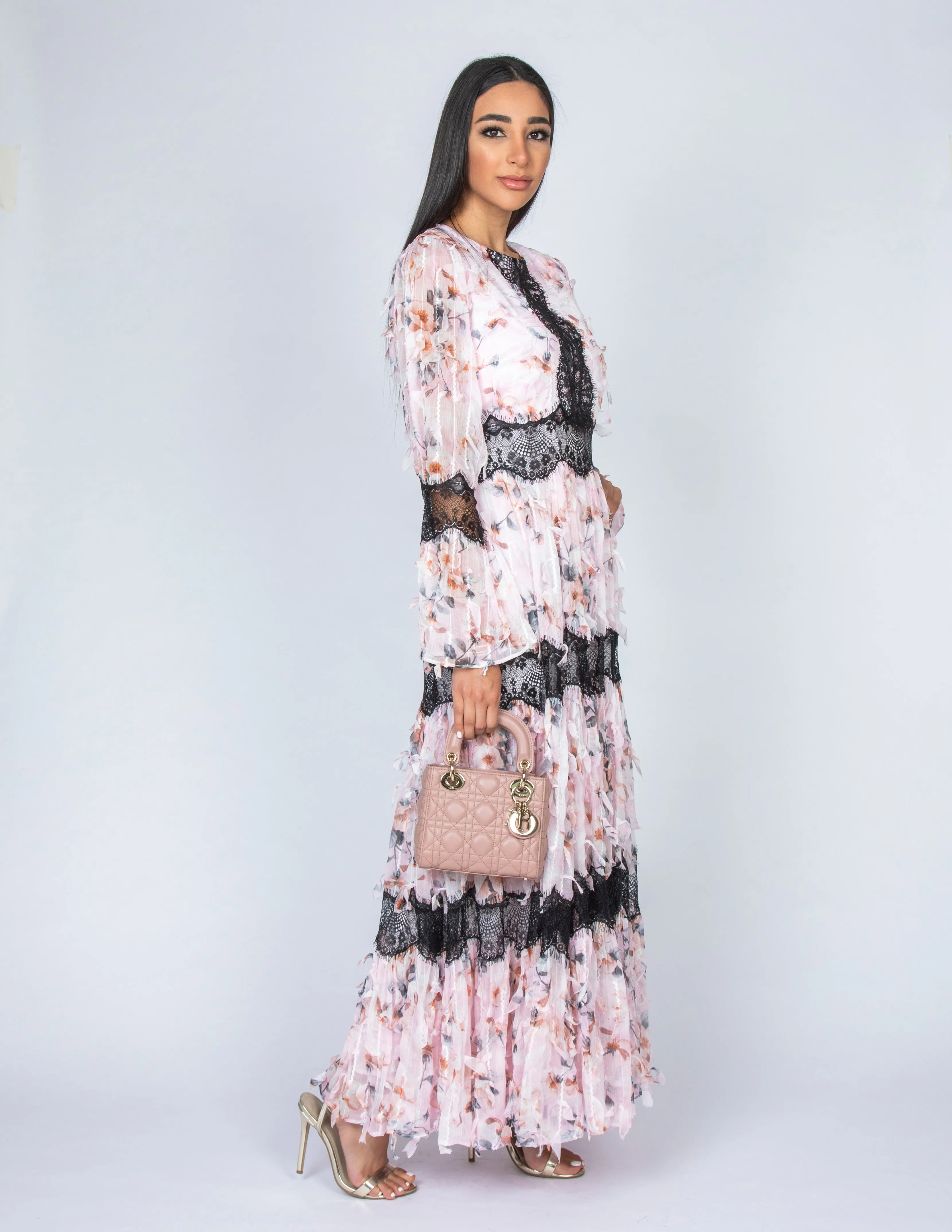 SS20 CANDICE PINK CHIFFON FRILL & LACE DRESS