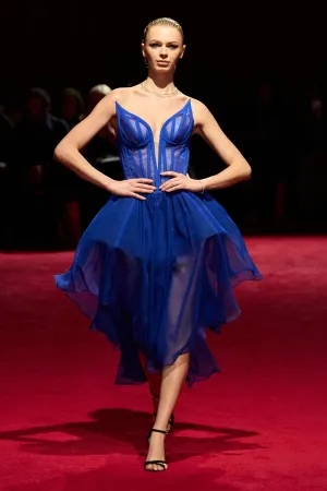 Strapless Cobalt Corset Chiffon Peplum Dress