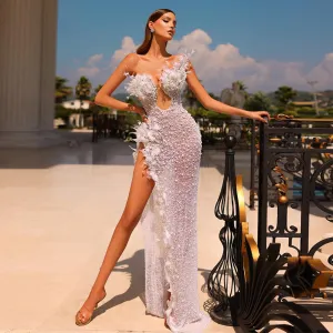 Strapless Sleeveless Feather Maxi Bodycon Dress HT966