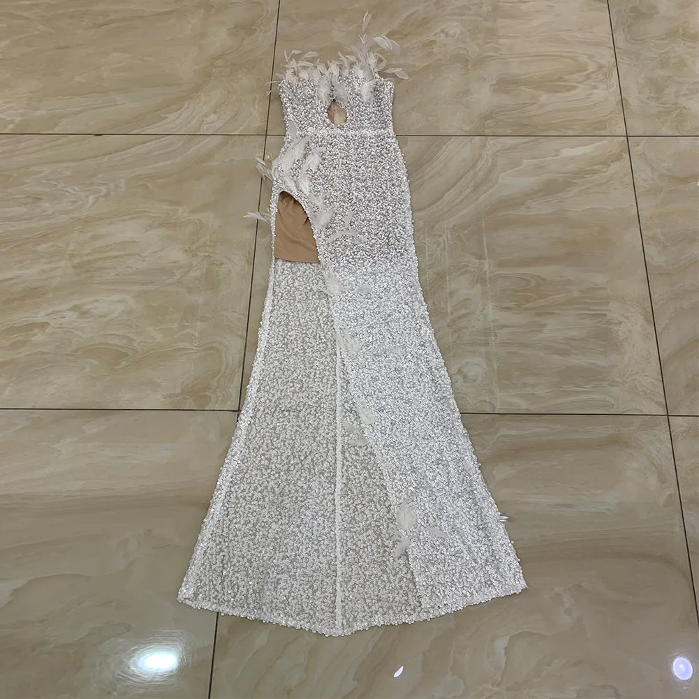 Strapless Sleeveless Feather Maxi Bodycon Dress HT966
