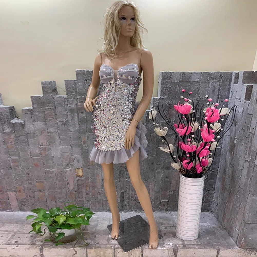 Strapless Sleeveless Shiny Mini Bodycon Dress HT10780
