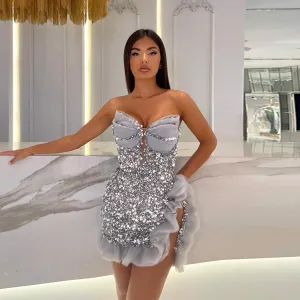Strapless Sleeveless Shiny Mini Bodycon Dress HT10780