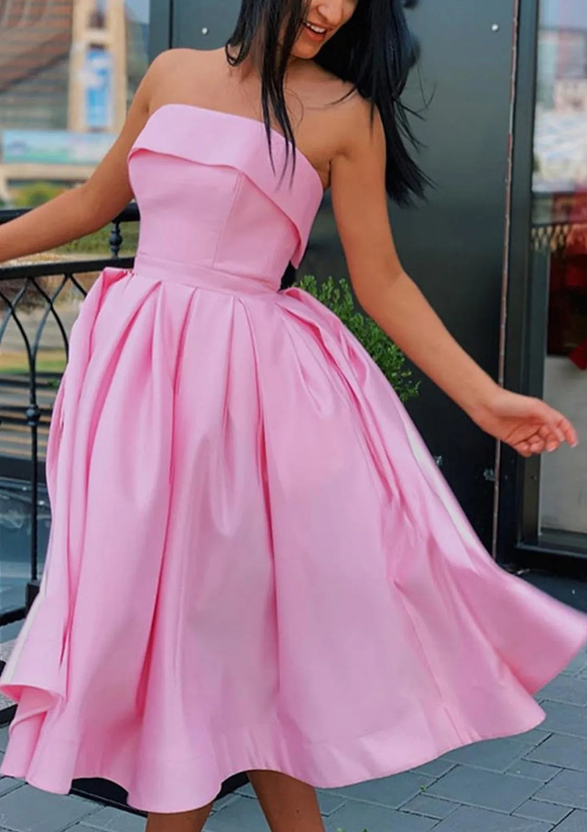 Strapless Sleeveless Yellow Satin Ball Gown Tea-Length Homecoming Dress, Sash