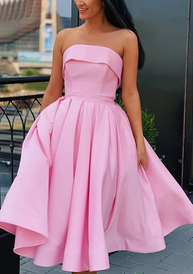 Strapless Sleeveless Yellow Satin Ball Gown Tea-Length Homecoming Dress, Sash