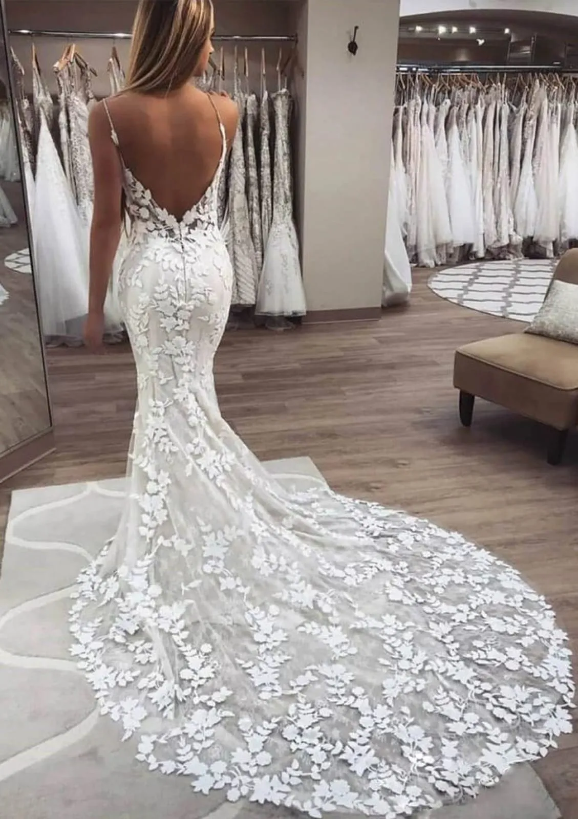 Straps Open Back Leaves Lace Chapel Mermaid Wedding Dress