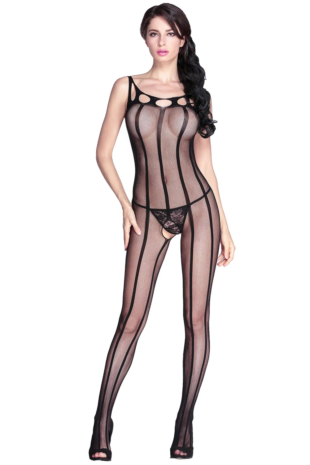 Striped Sheer Open Crotch Body Stockings