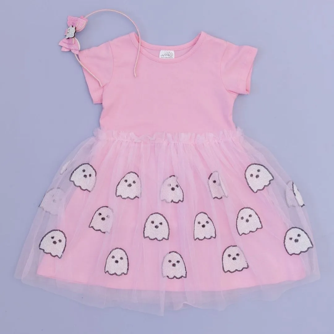 Sweet Wink Ghost Sequin Halloween Short Sleeve Tutu Dress