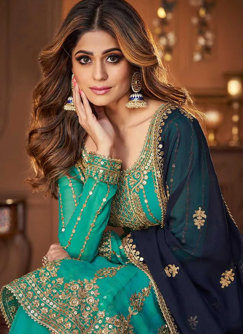 Teal and Blue Heavy Embroidered Festive Wear Lehenga