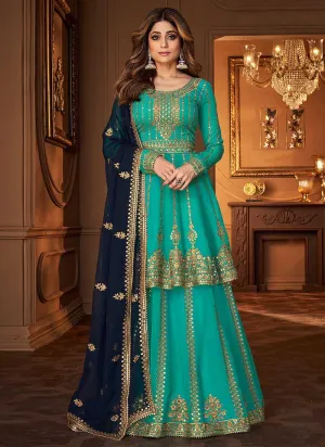 Teal and Blue Heavy Embroidered Festive Wear Lehenga