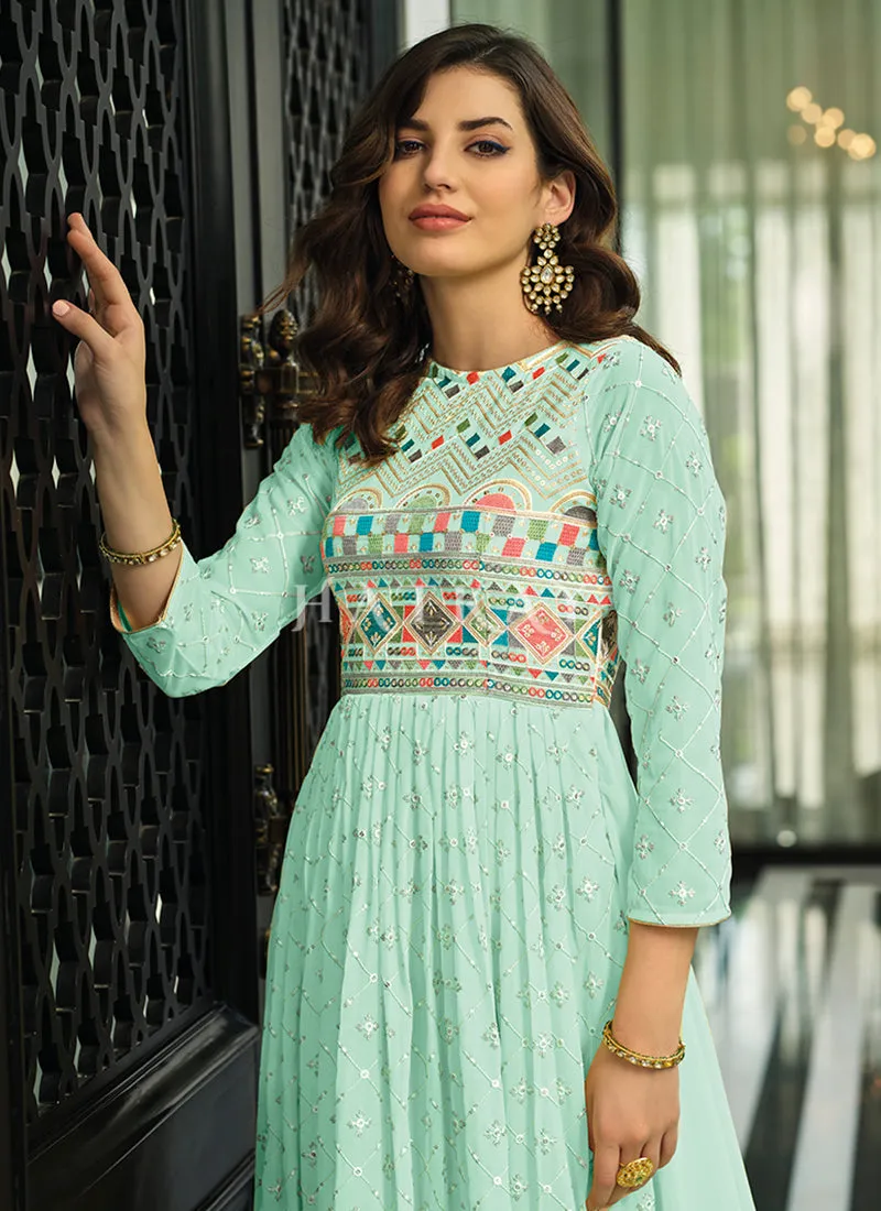 Teal Blue Multi Embroidered Traditional Anarkali Gown