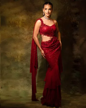 The Red Sequins Gown Sari