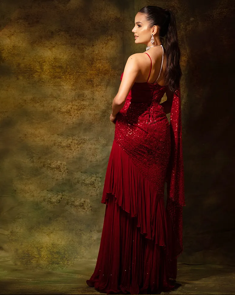 The Red Sequins Gown Sari