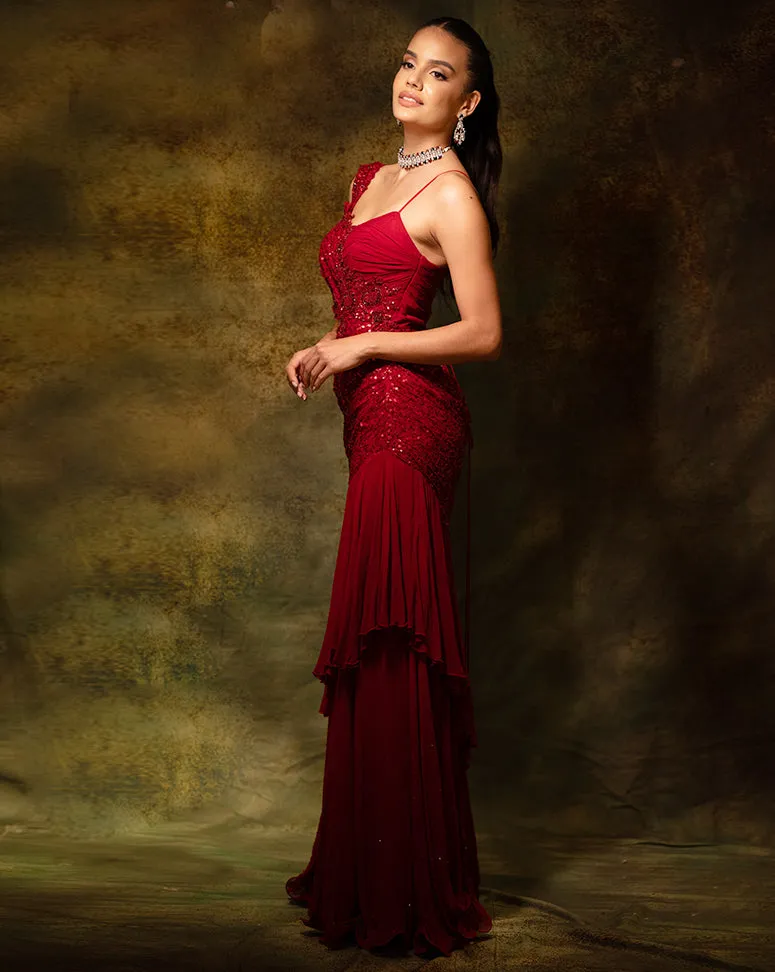 The Red Sequins Gown Sari