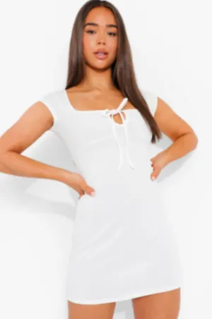 Tie Front Square Neck Mini White Dress